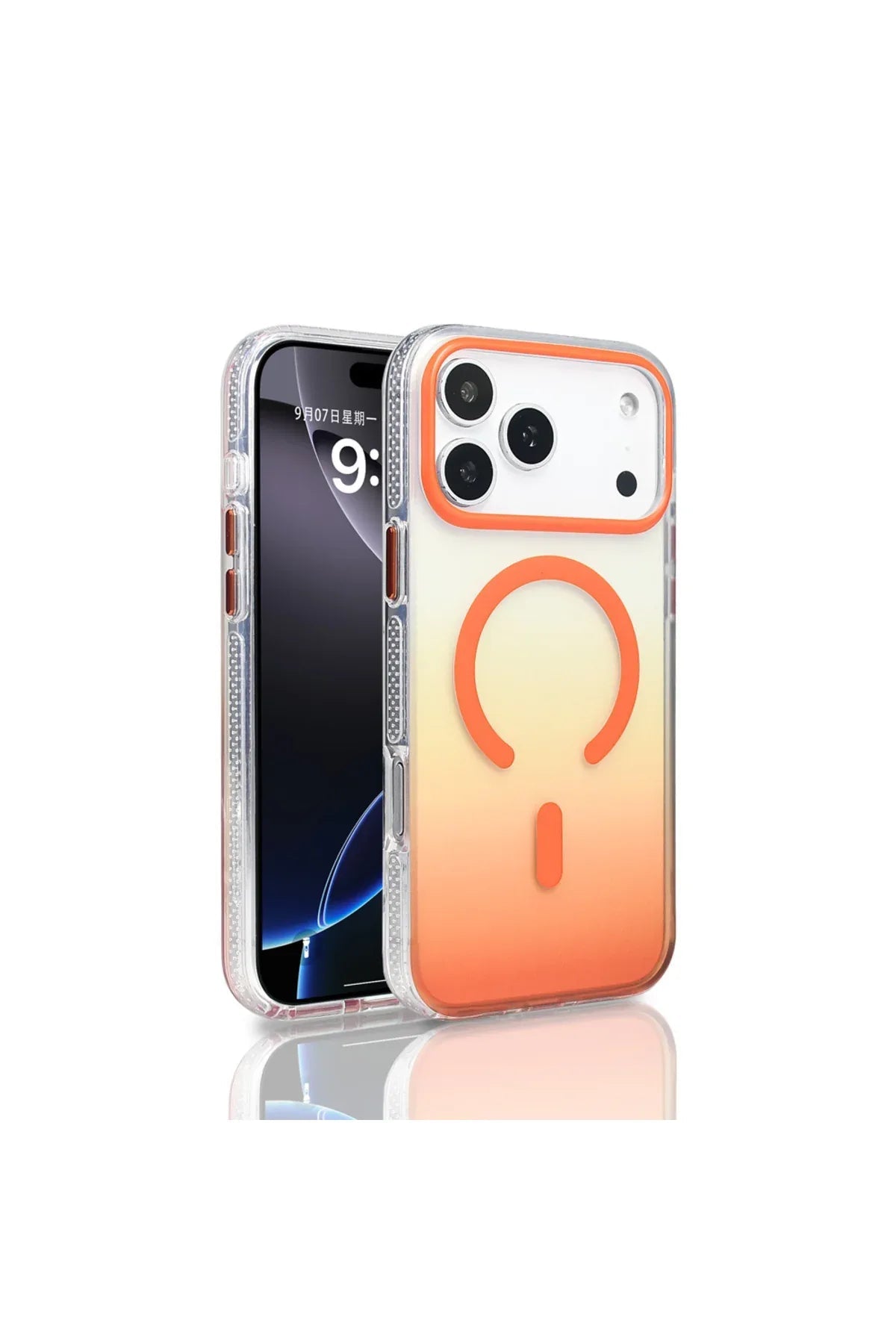 iPhone 17 Pro Max inside a rainbow gradient case with Taurus sign, angled to highlight color reflections