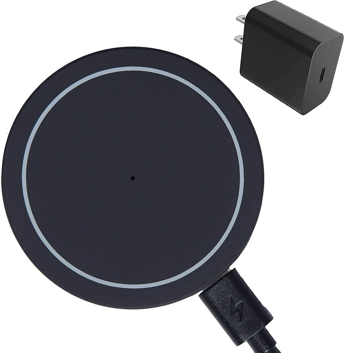 Close-up of magnetic wireless charger attached to back of an iPhone 13 in use.