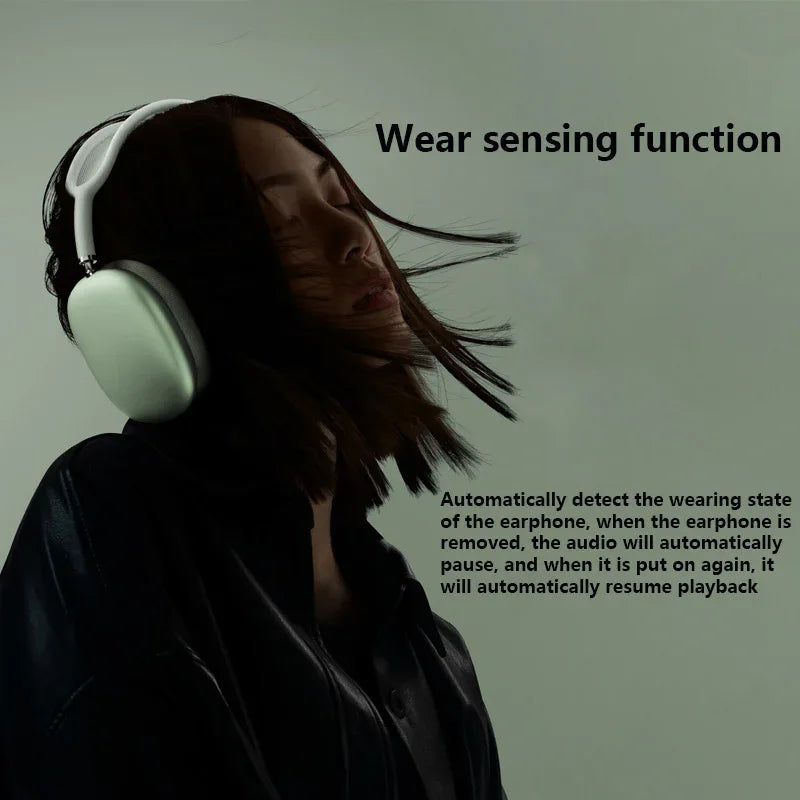 Wireless Bluetooth headphones displayed with charging case and cables on white background.