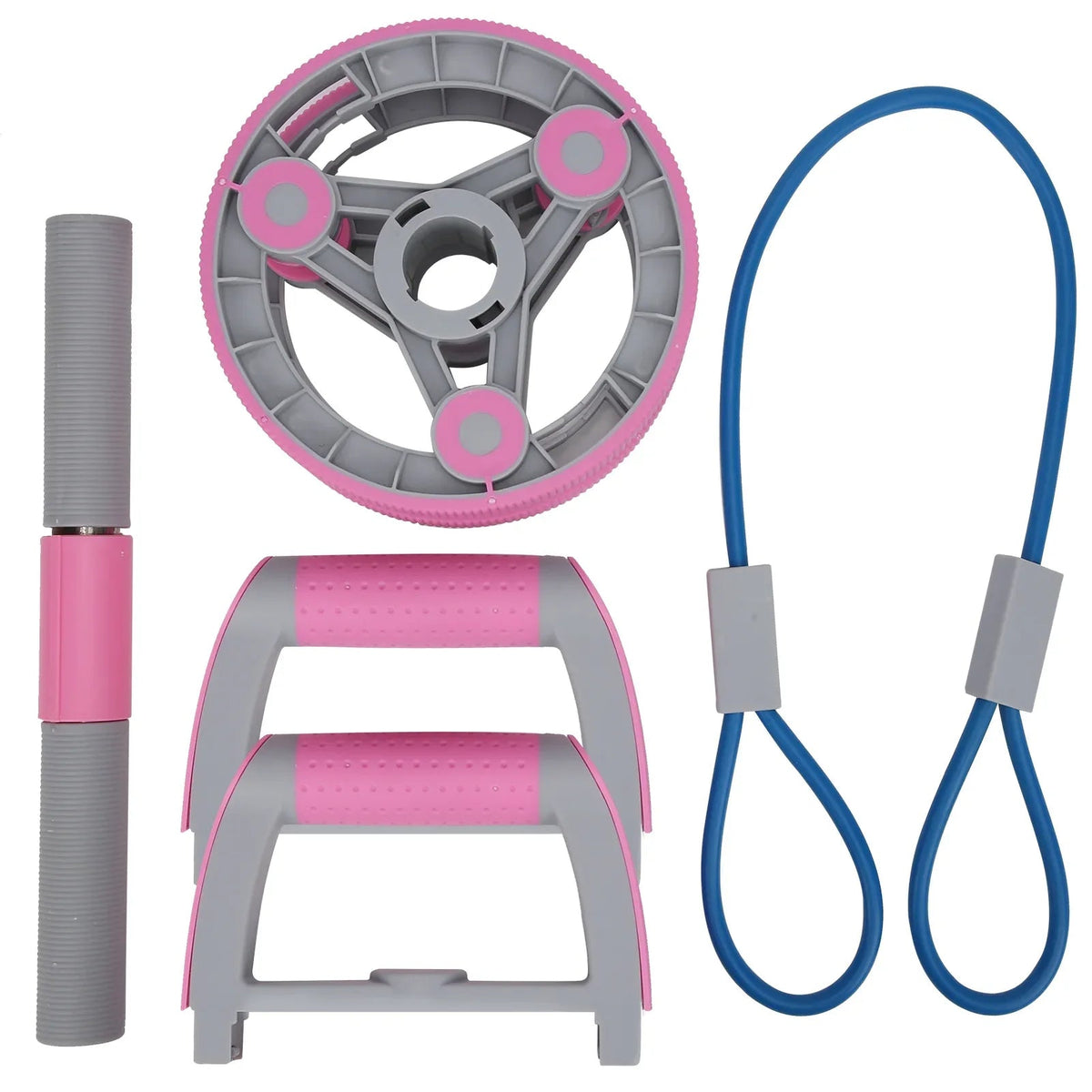 User demonstrating abdominal wheel rollouts on wooden floor to strengthen core and arms.