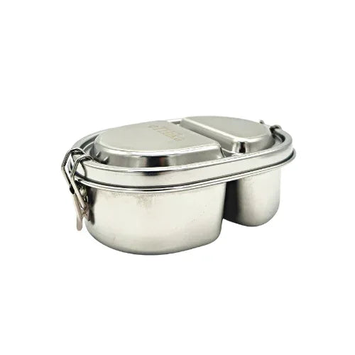 Stainless steel snack box with two compartments, one small and one large, for storing different snacks separately.