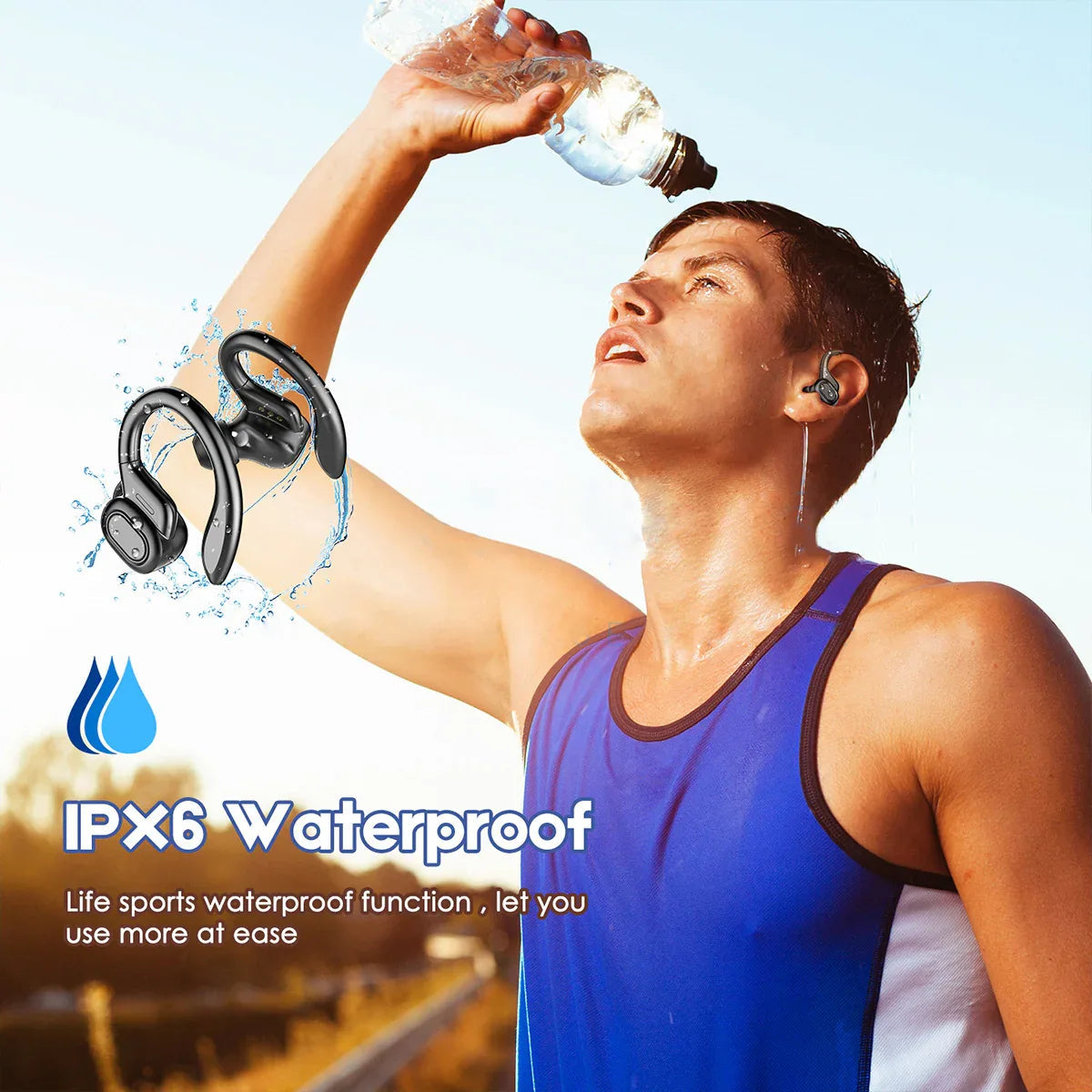 Close-up of Bluetooth 5.0 TWS earbuds with touch control and LED charging case display