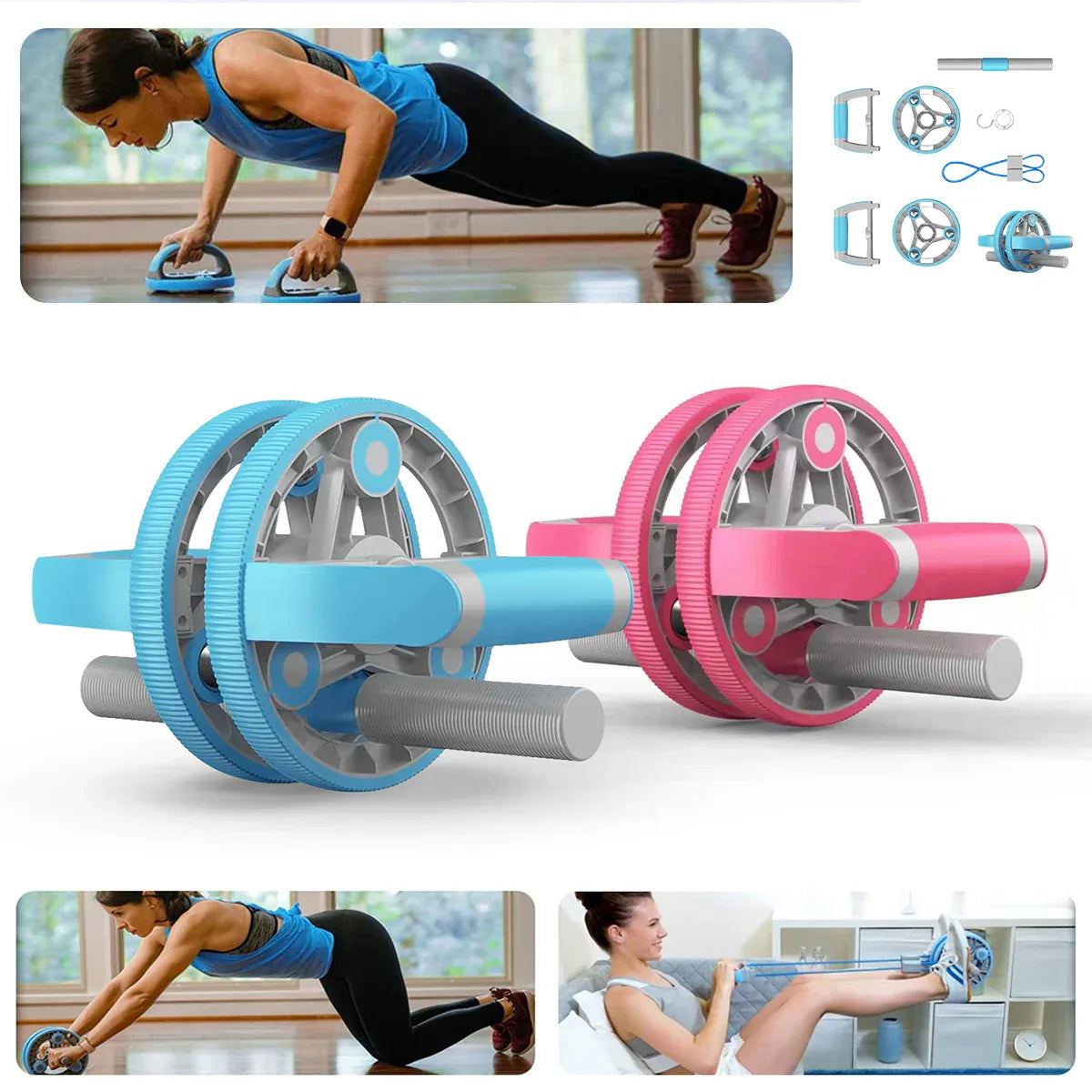 Multifunctional abdominal wheel set components arranged including wheel, straps, and handlebars on white background.