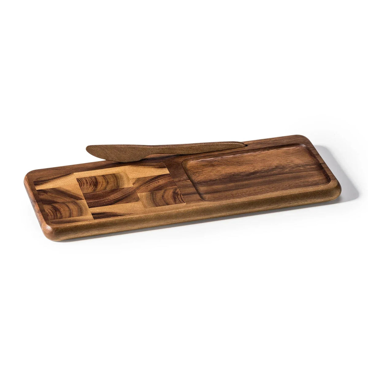End grain cheese board with natural wood finish and acacia wood knife fitting into side grooves.