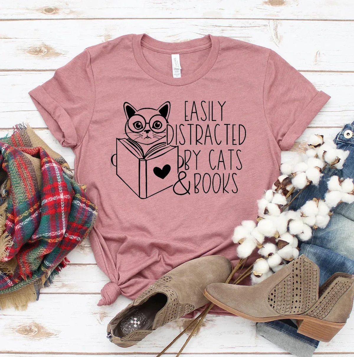 Easily Distracted By Cats & Books T-shirt - Snagva