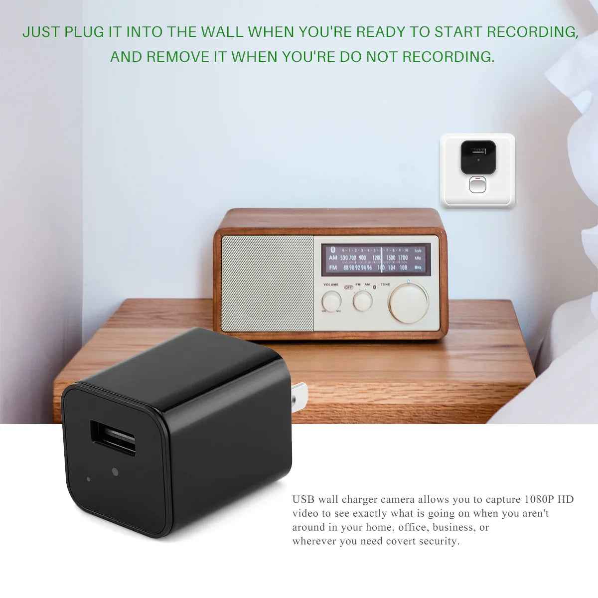 Hidden camera USB charger plugged into a wall outlet capturing video covertly.