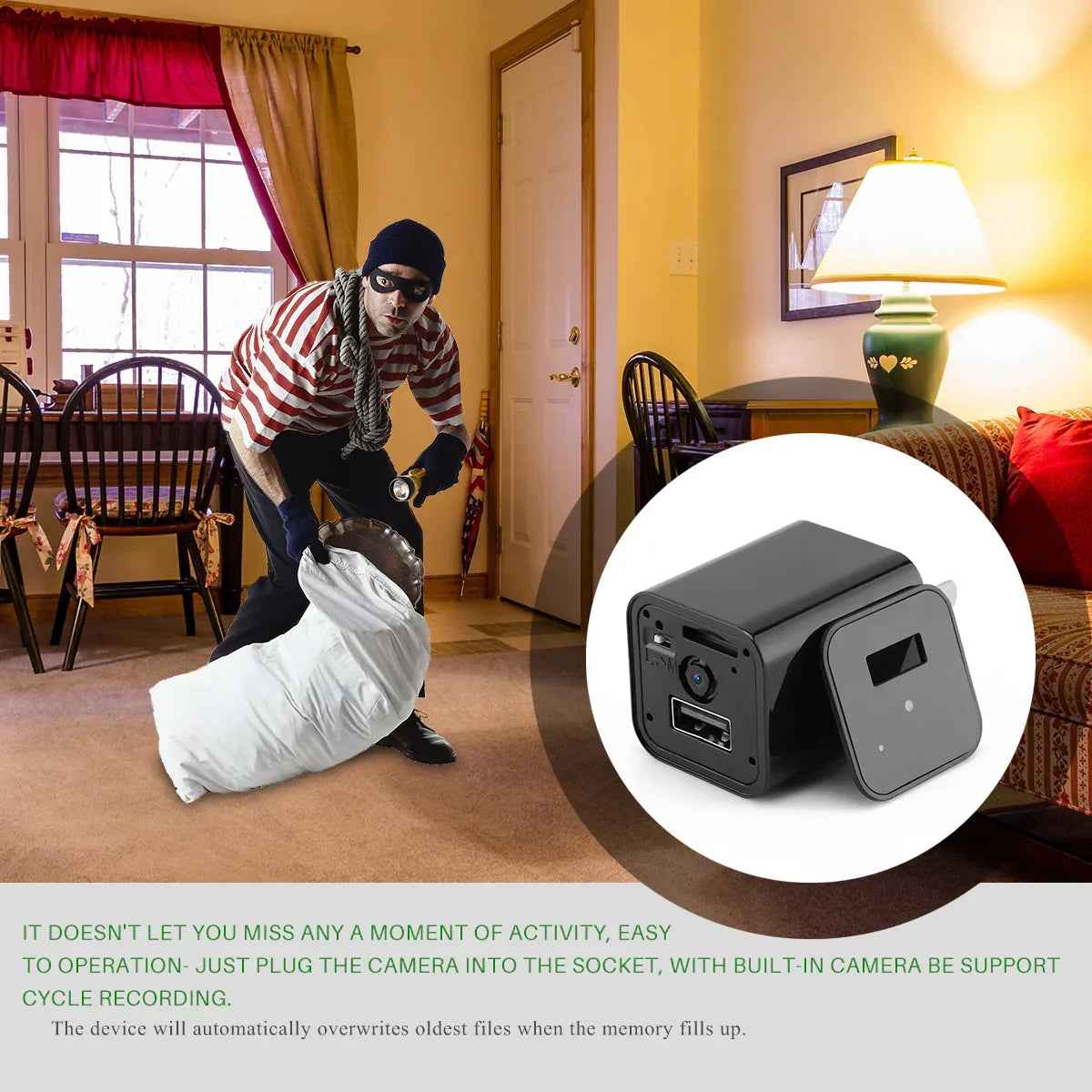 Side view of USB wall charger featuring built-in hidden camera for discreet recording.