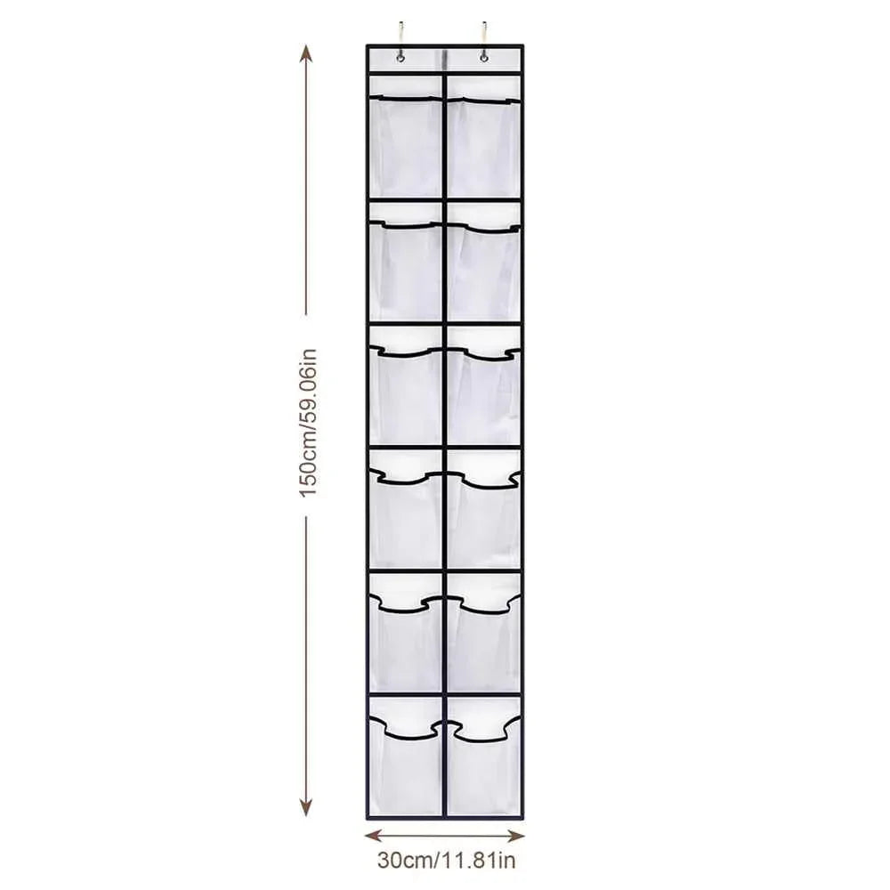 Over-the-door hanging organizer with 12 clear pockets for storing shoes and accessories in a tidy, accessible manner.