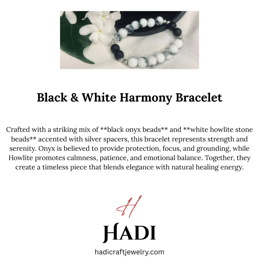 Top view of stretch bracelet featuring white howlite and black onyx beads separated by silver spacers.