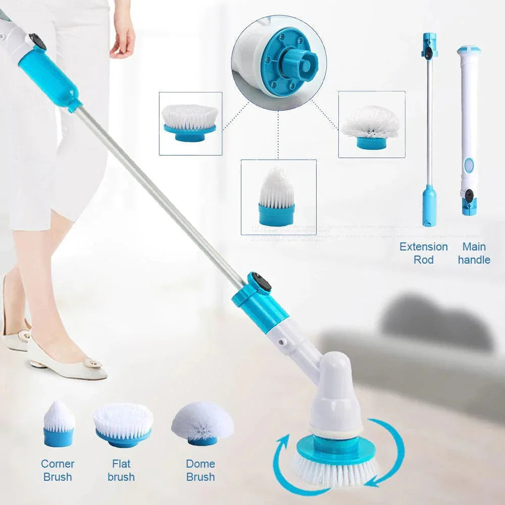 Extendable cordless power scrubber cleaning bathroom tiles without bending.