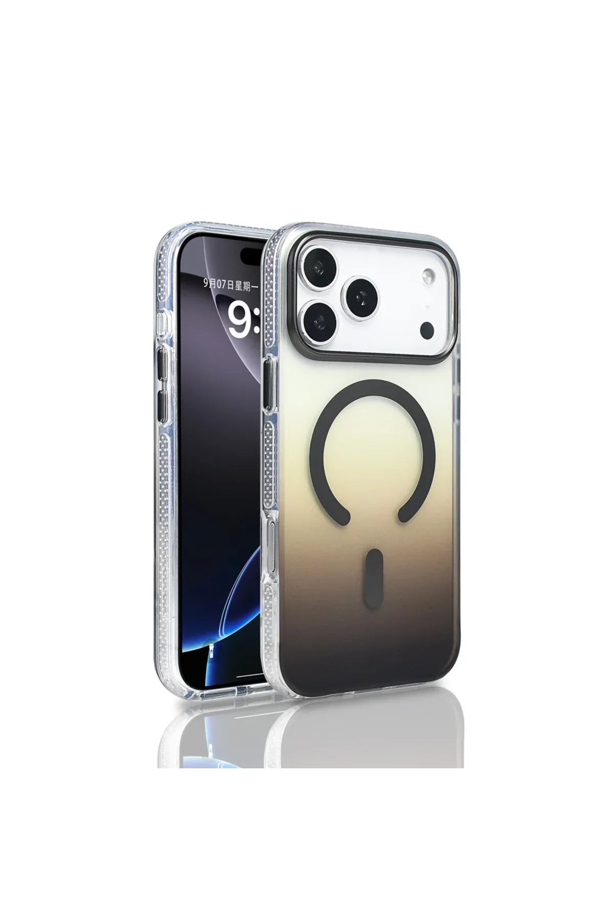 Transparent iPhone 17 Pro Max case with vibrant rainbow gradient and magnetic charging cover