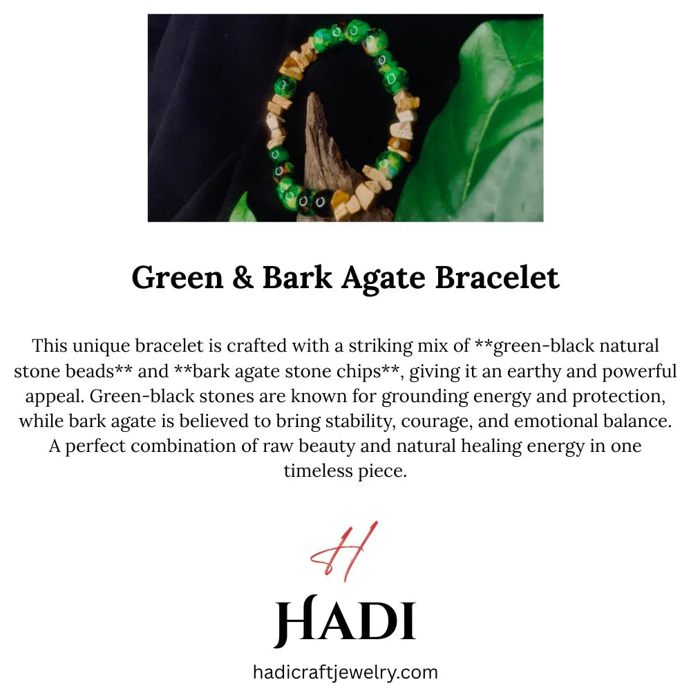 Detailed view of green-black natural stone and bark agate bead chips on stretch bracelet.