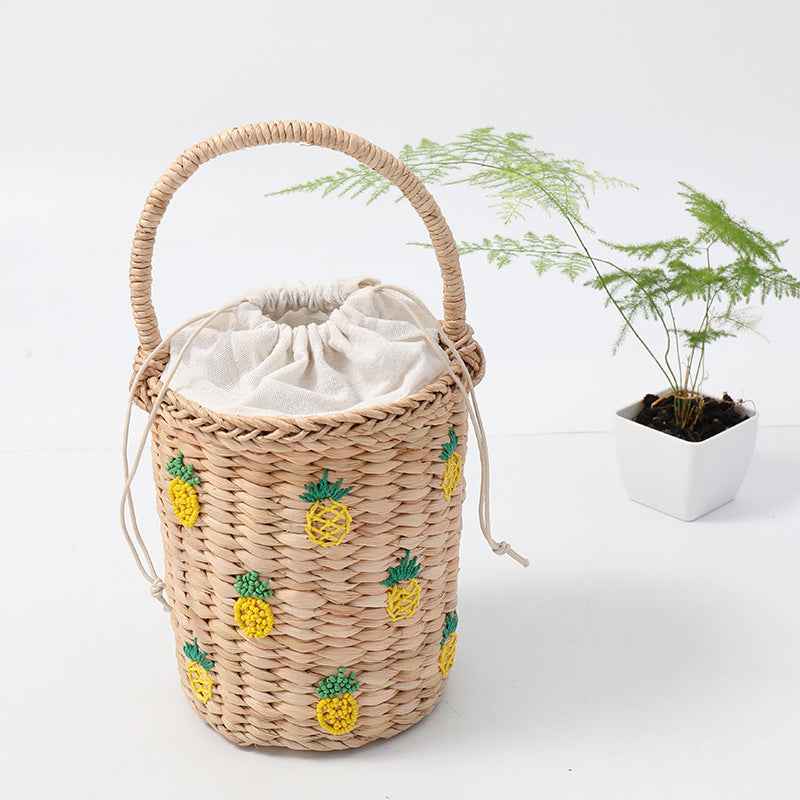 Pineapple Embellished Wicker Straw Basket Handbag