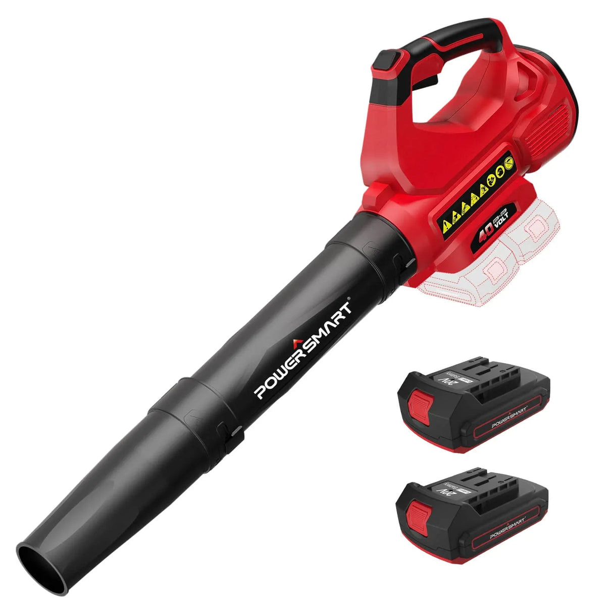 Cordless leaf blower with attached handle and air outlet viewed from the side on white background.