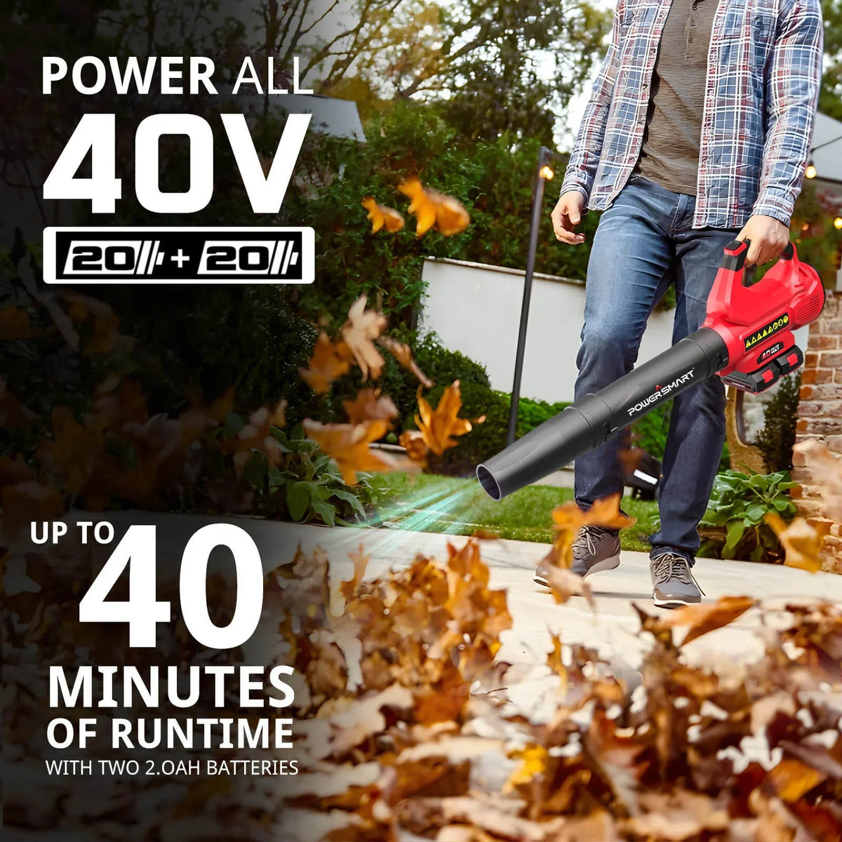 Top view of cordless leaf blower showing battery compartments and control buttons.