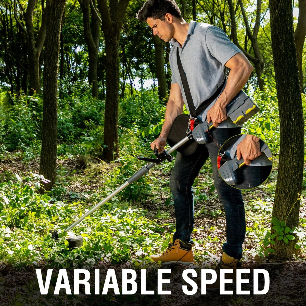 Brush cutter resting upright showing ergonomic design and user-friendly controls