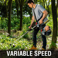Brush cutter resting upright showing ergonomic design and user-friendly controls