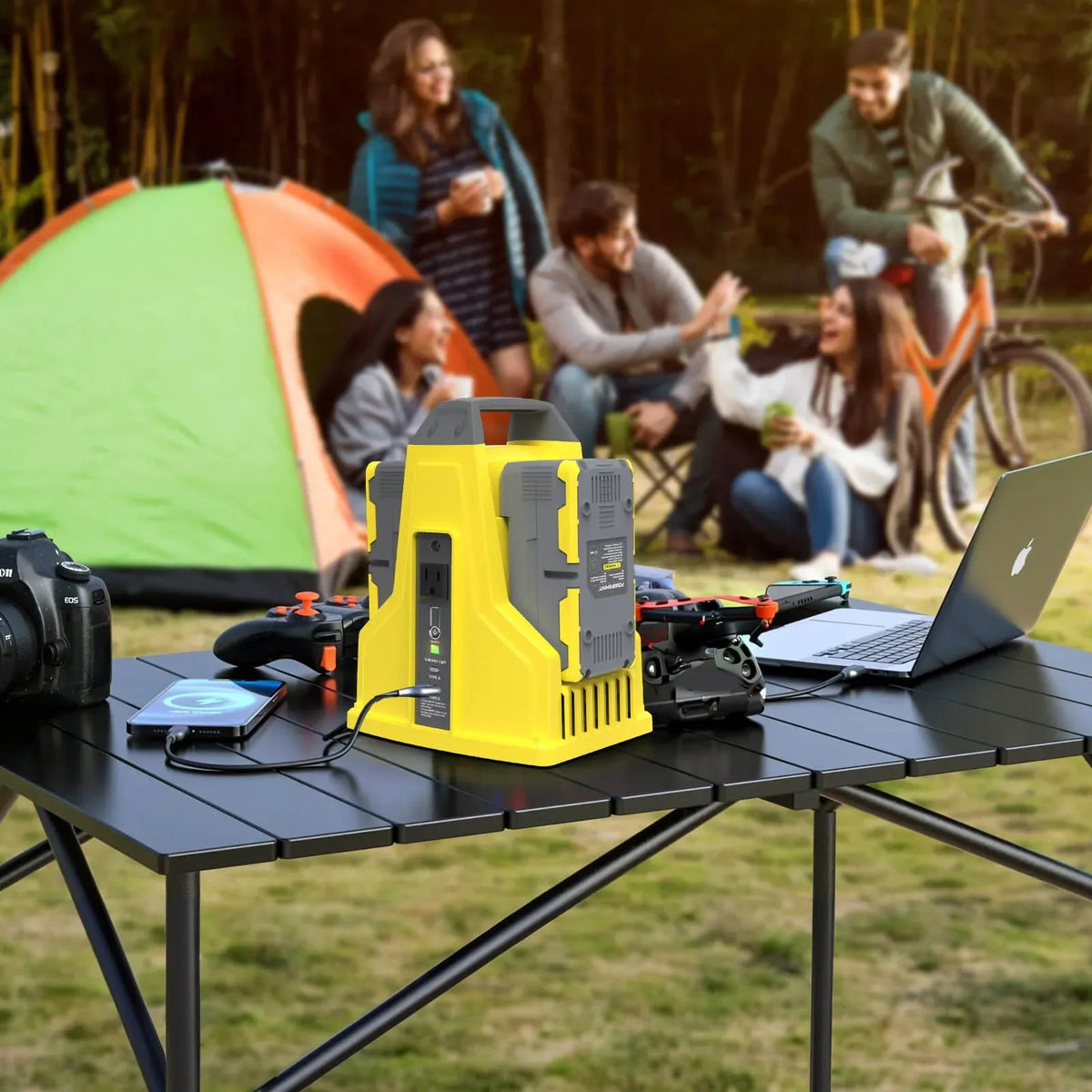 Side angle showing power outlets and USB ports on powered inverter.