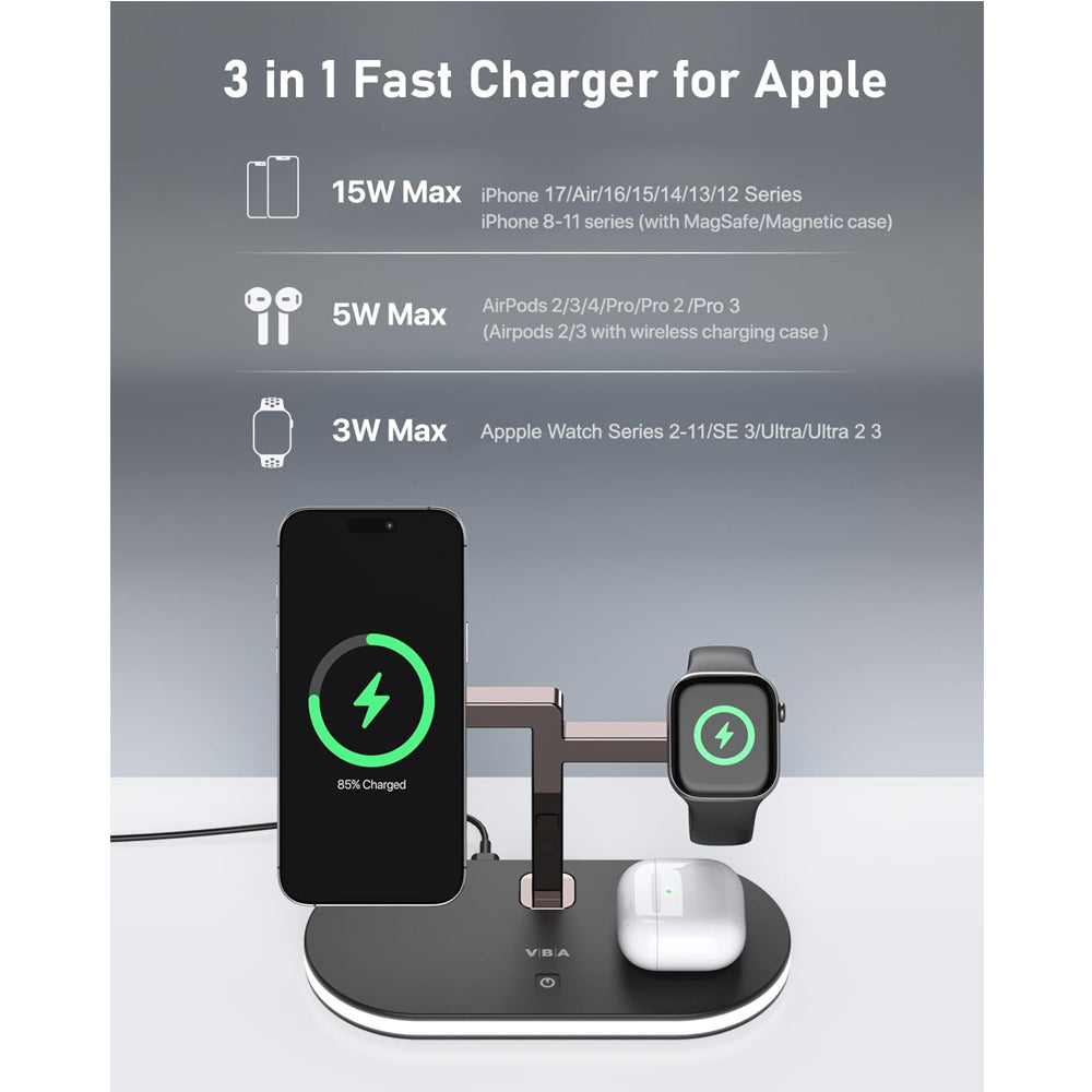 4-in-1 aluminum alloy magnetic wireless charger stand with LED lamp for smartphone, wireless earbuds, and smartwatch