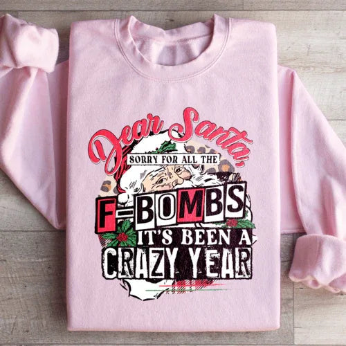 Light pink sweatshirt with white lettering 'Dear Santa Sorry For All The F Bombs' on front.