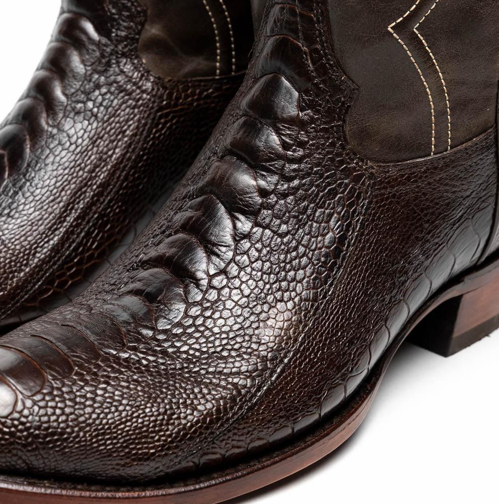 Denver ostrich leg brown boot viewed from side showing detailed leather grain and stitching.
