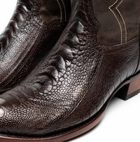 Denver ostrich leg brown boot viewed from side showing detailed leather grain and stitching.