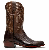 Detailed front shot of Denver Clear Brown cowboy boot featuring round toe and rich red leather vamp.