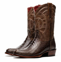 Close-up view of black shaft and red stitch accents on Denver Clear Brown genuine ostrich leather boot.