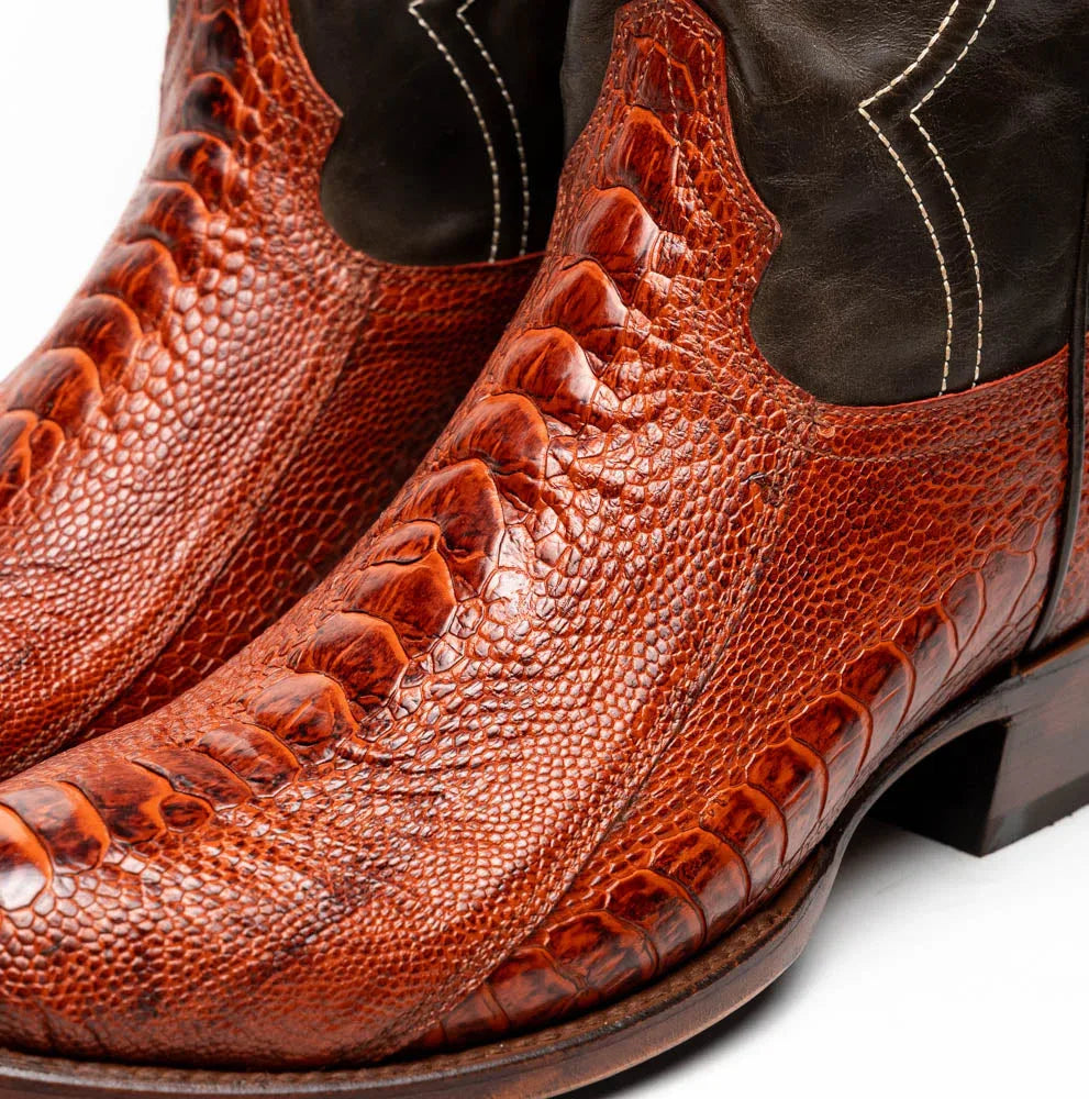 Denver Rustic Cognac boot resting on wooden floor showing contrast of ostrich leather vamp and smooth black shaft.