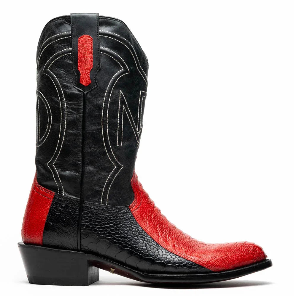 Denver cowboy boot in red ostrich leg leather with black shaft and red stitching.
