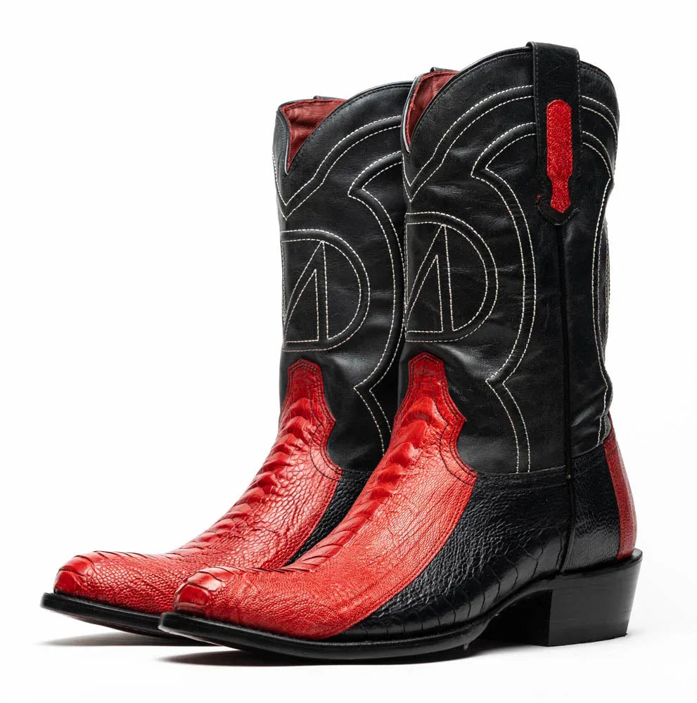 Profile view of Denver red ostrich leather cowboy boot with black leather shaft.