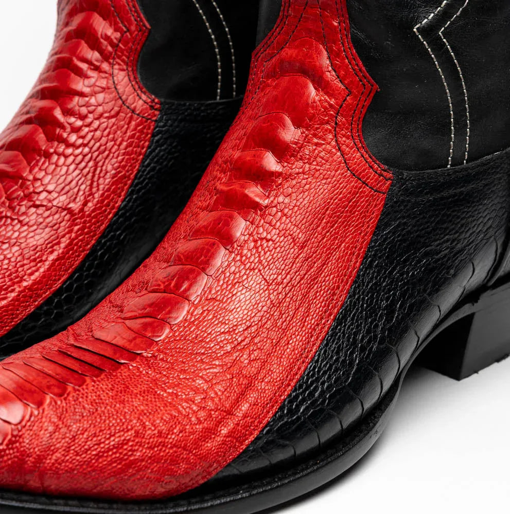 Front and side perspective of Denver red and black ostrich leg skin cowboy boot.