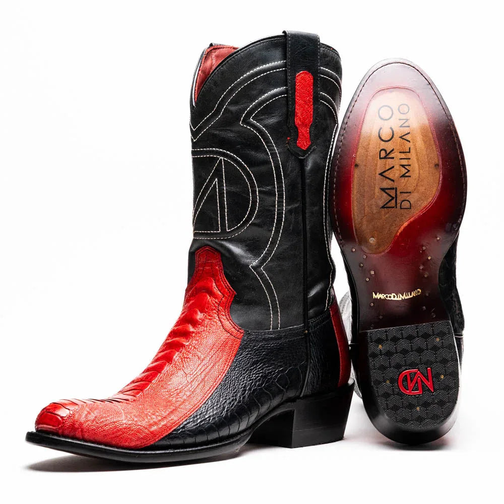 Close-up of Denver ostrich leg cowboy boot in red and black leather showing texture detail.