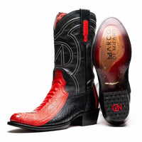 Close-up of Denver ostrich leg cowboy boot in red and black leather showing texture detail.