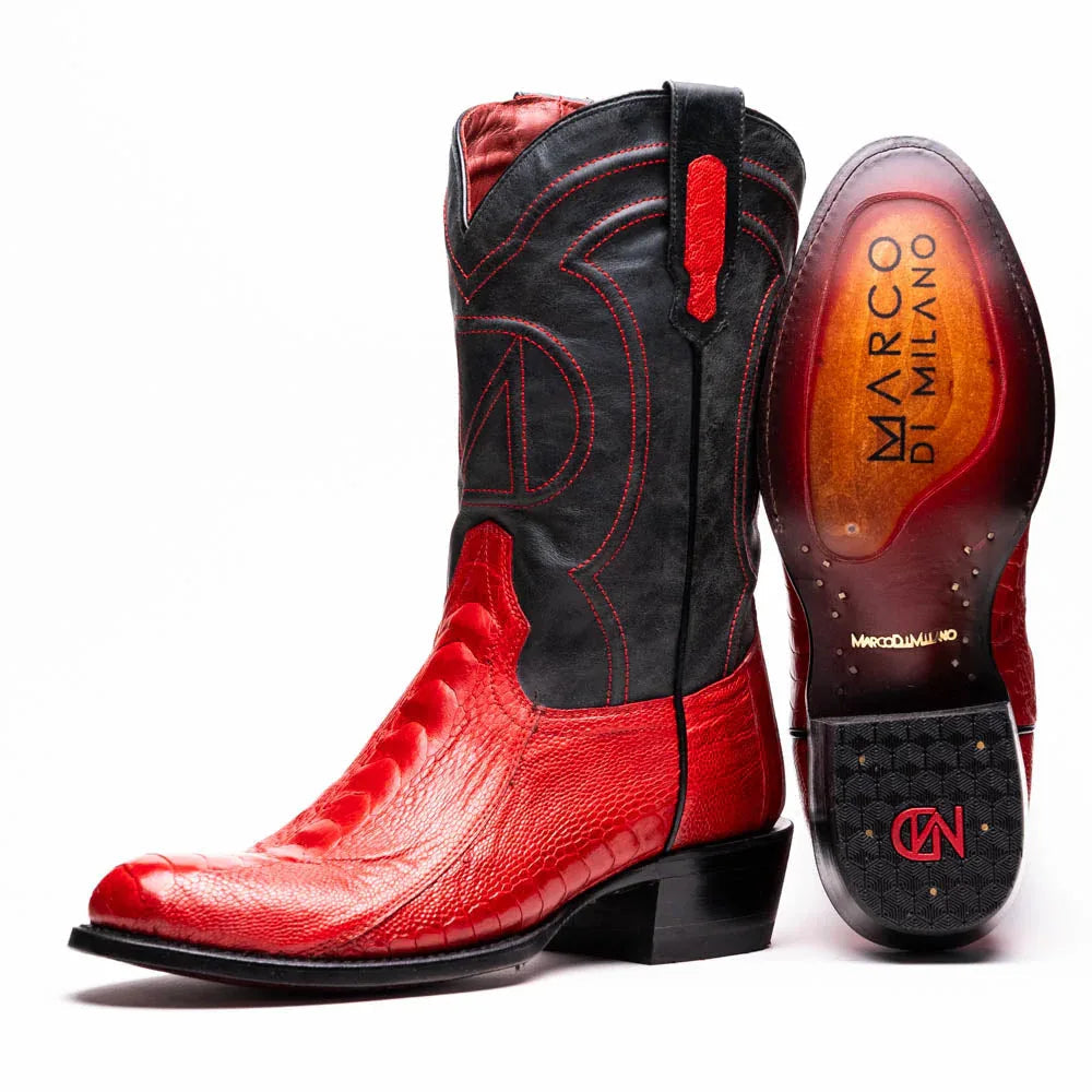 Close-up of Denver Red boot showing detailed ostrich leg skin texture and deep red leather vamp.