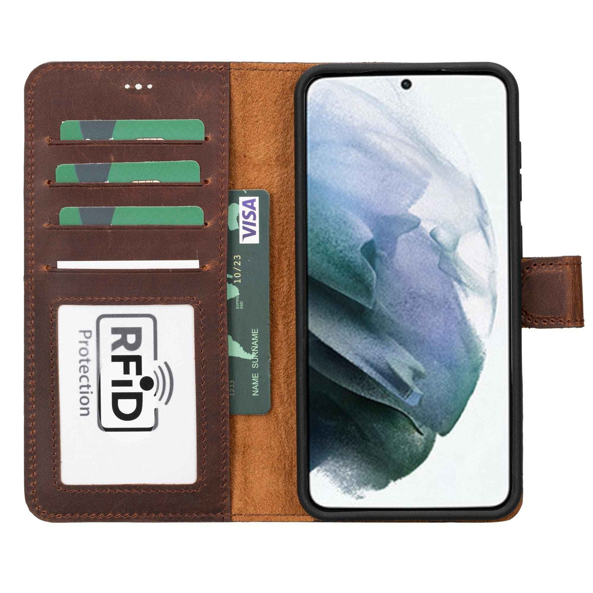 Full view of handmade calf leather wallet case with multiple card slots