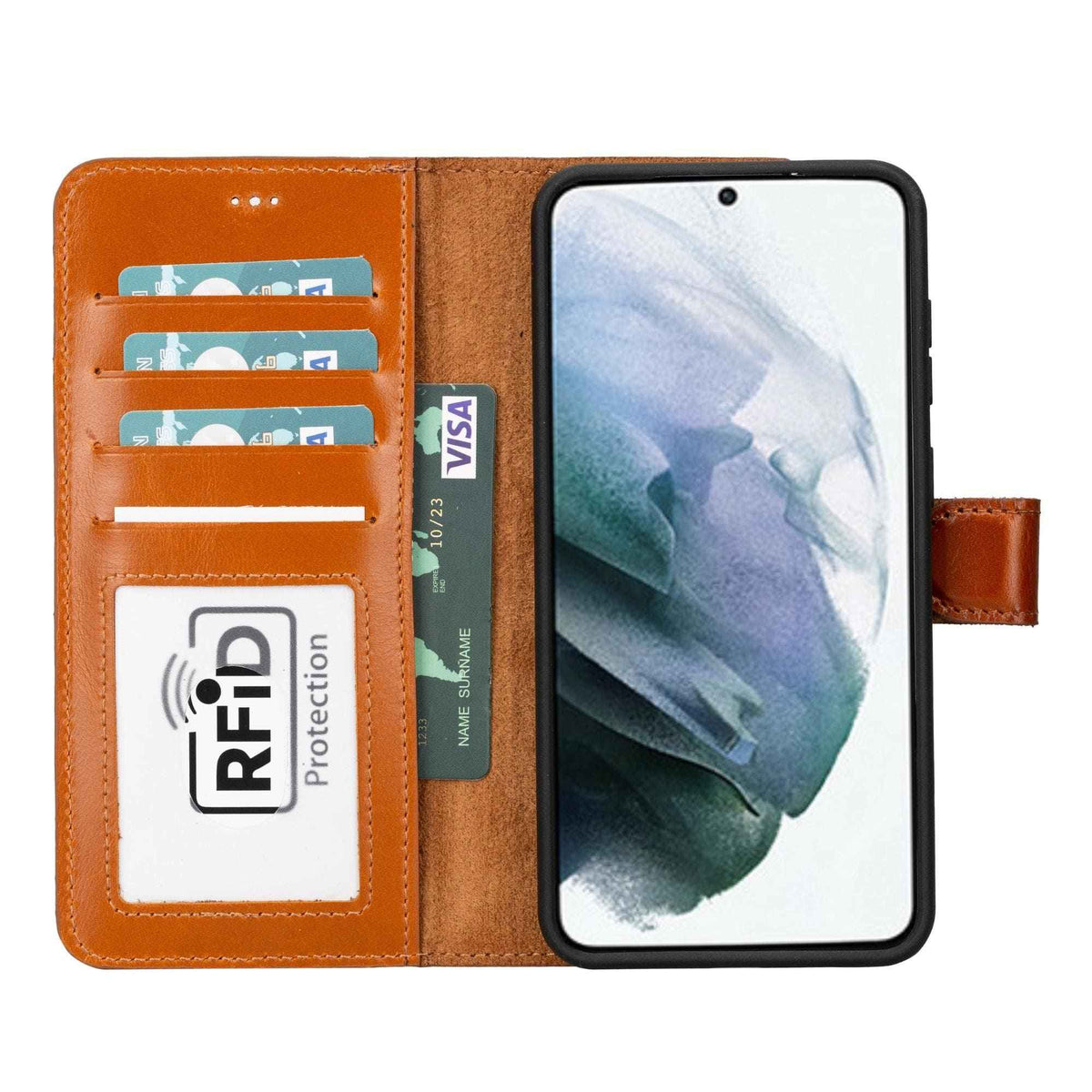 Buffalo leather detachable wallet case for Samsung Galaxy S21 FE with card slots and strong magnet closure