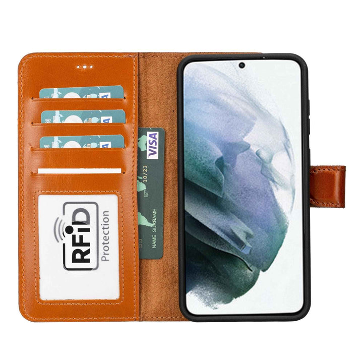 Buffalo leather detachable wallet case for Samsung Galaxy S21 FE with card slots and strong magnet closure