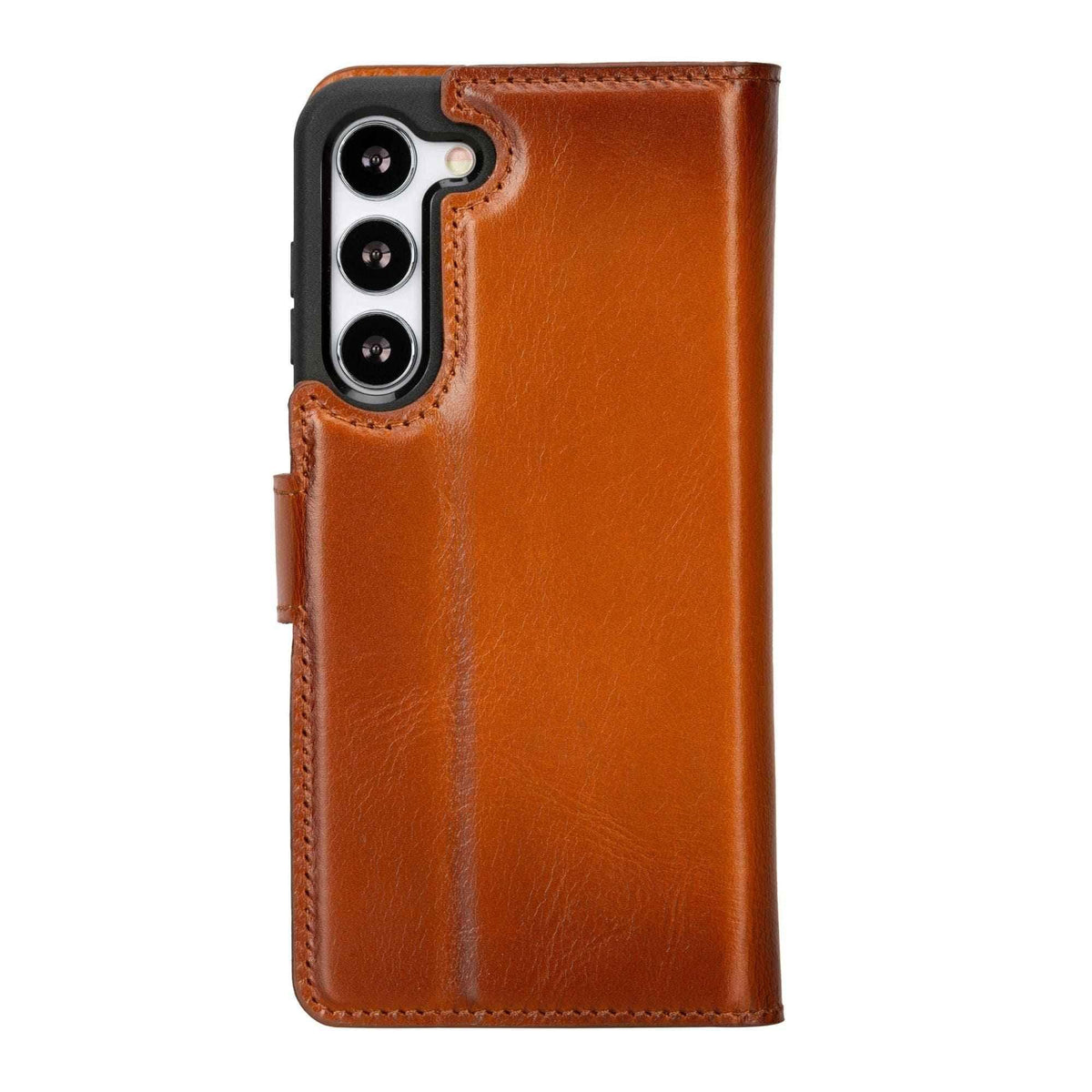 Side view of brown calf leather wallet case showing detachable phone shell and card compartments