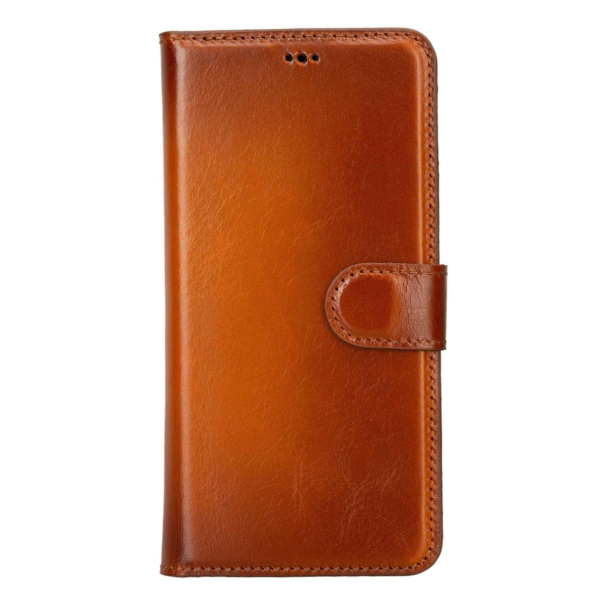 Inside view of leather wallet case highlighting transparent card slot and suede interior