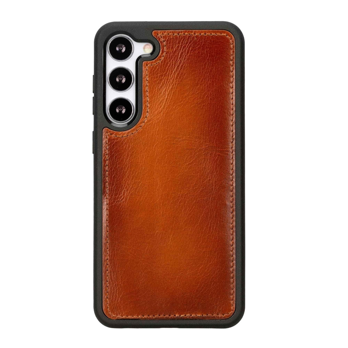 Detachable phone shell resting beside leather wallet case with kickstand feature