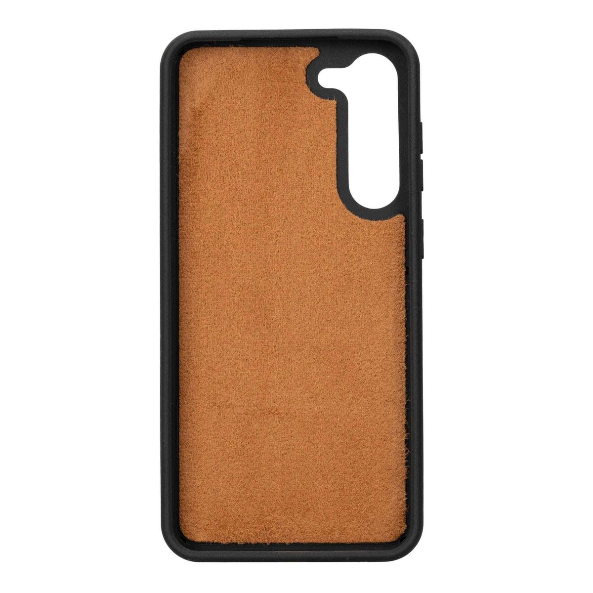 Samsung Galaxy S21 FE in brown leather wallet case with kickstand holding phone upright