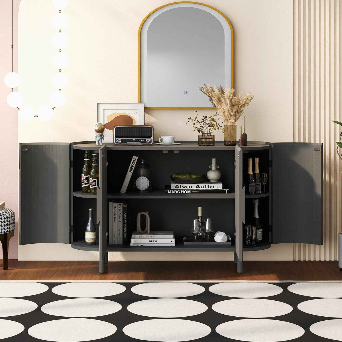 Curved Design Light Luxury Sideboard with Adjustable Shelves,Suitable