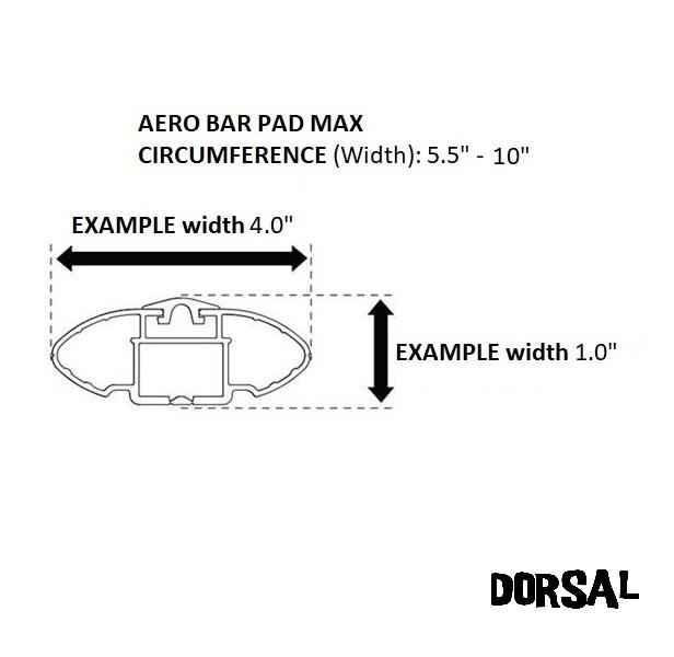 Side profile illustration of DORSAL aero roof rack pad fitting wide crossbar with measurements.