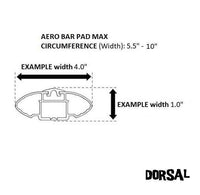 Side profile illustration of DORSAL aero roof rack pad fitting wide crossbar with measurements.