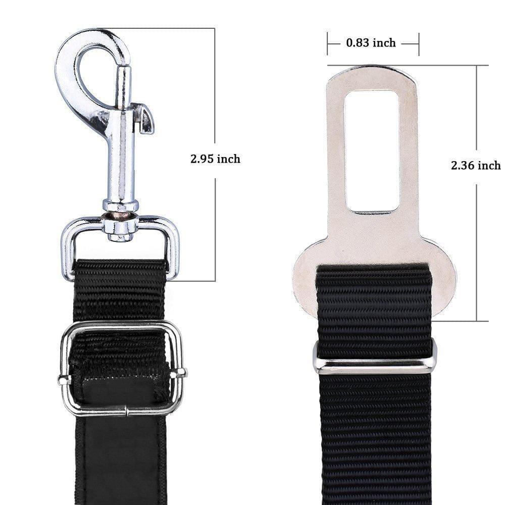 Two adjustable black dog seatbelt connectors with clips, designed for safely securing pets in a car.