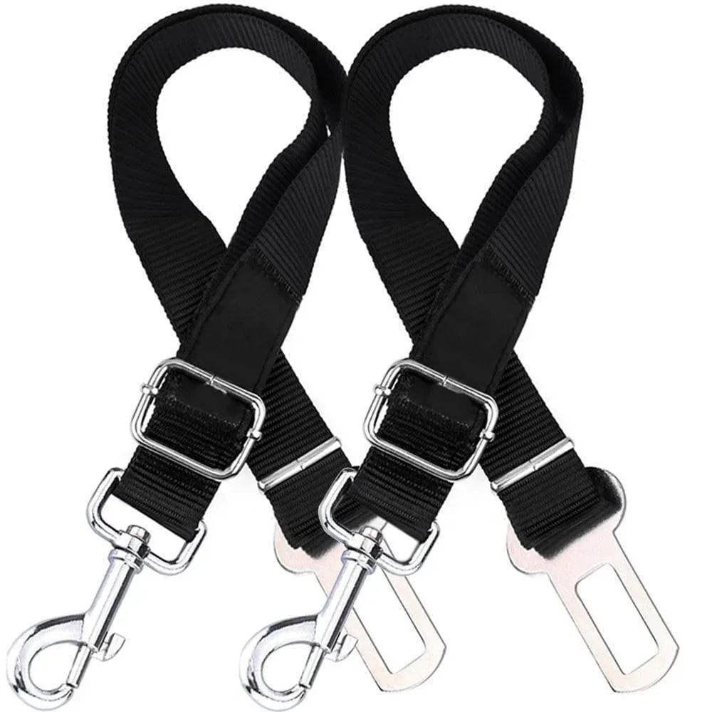 Two adjustable black dog seatbelt connectors with metal clips, designed to secure pets in car seats.