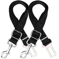 Two adjustable black dog seatbelt connectors with metal clips, designed to secure pets in car seats.