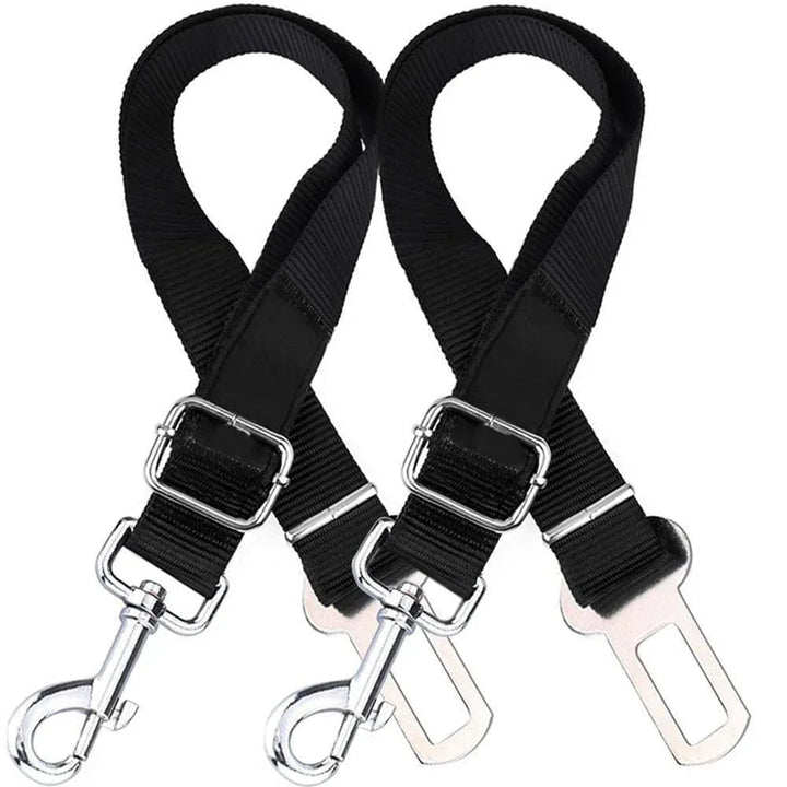 Two adjustable black dog seatbelt connectors with metal clips, designed to secure pets in car seats.