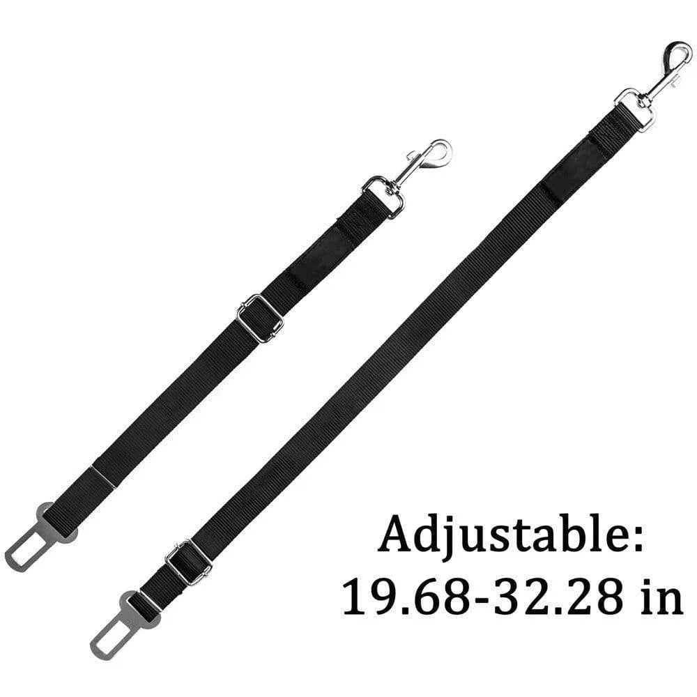 Two adjustable black dog seatbelt connectors attached to a car seat, designed to keep pets safely restrained.